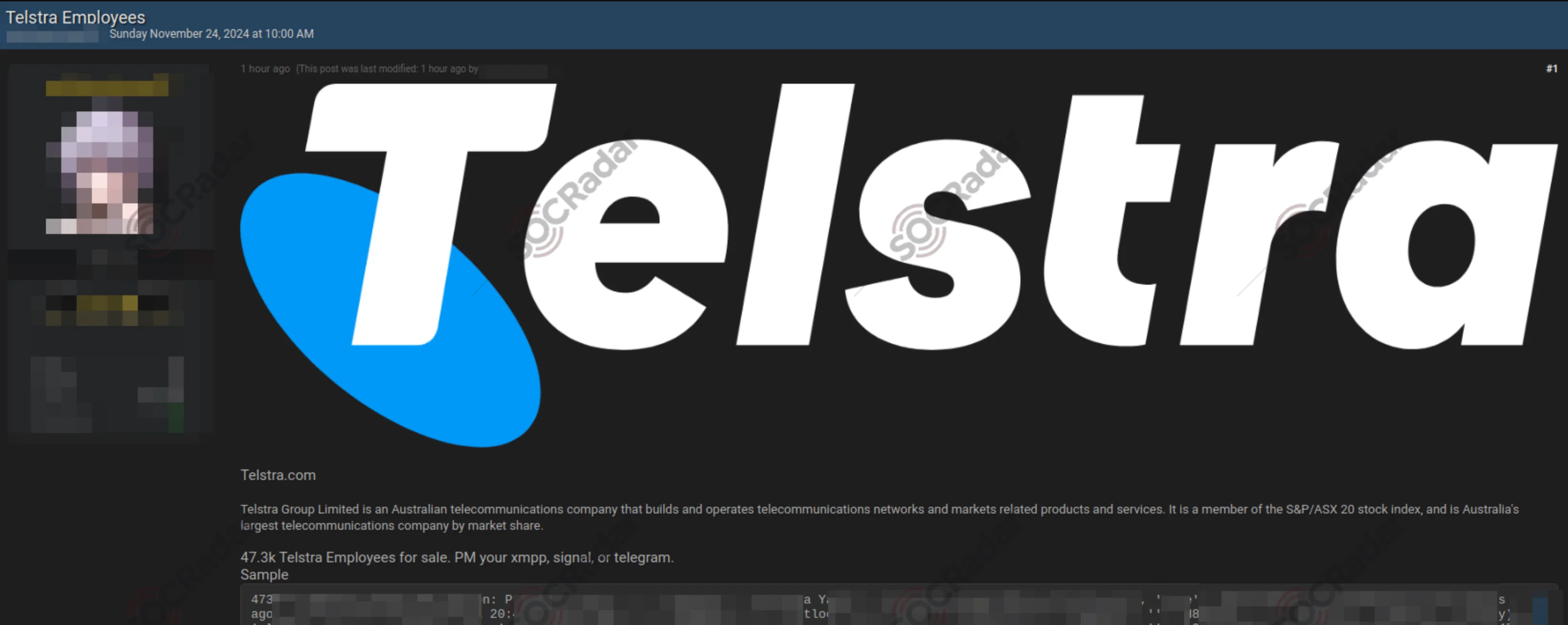 Employee database of Telstra was allegedly posted on a hacker forum (SOCRadar Dark Web News)