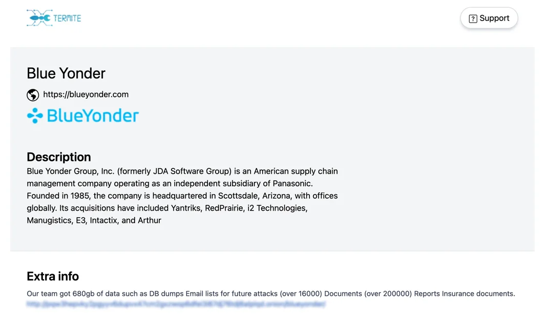 Termite ransomware listed Blue Yonder as a victim on its data leak site