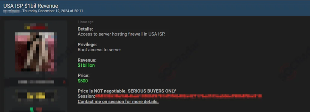 Access sale post for an ISP in the U.S. (SOCRadar Dark Web News)