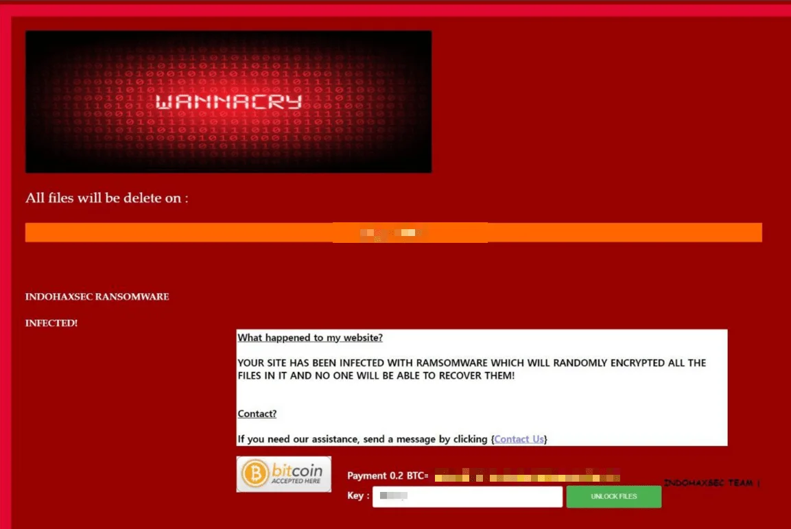A ransomware message on a red screen labeled "WannaCry," demanding 0.2 BTC to unlock encrypted files