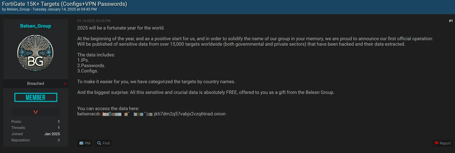 Dark web announcement by Belsen Group showcasing leaked configurations and credentials