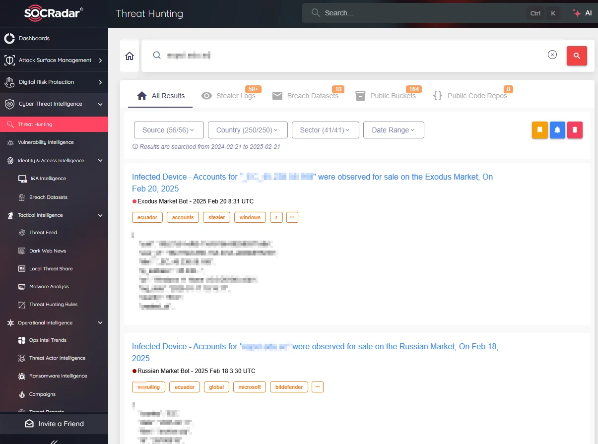 SOCRadar Threat Hunting allows users to search for domains found in logs, providing insights into their history, from marketplace sales to acquisition by ransomware groups.