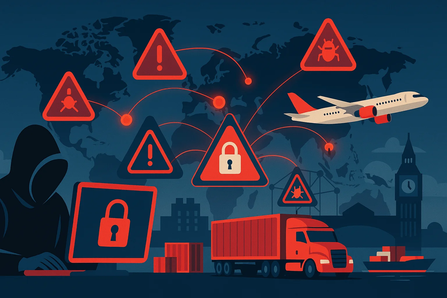 Flat-style illustration of global cyberattacks targeting logistics - created by DALL-E