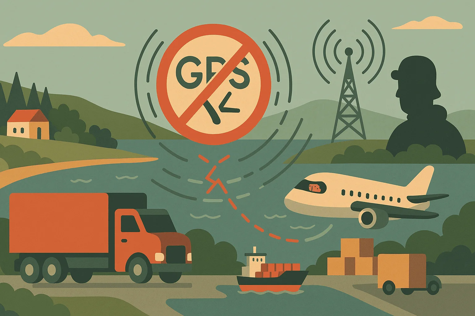 Flat-style GPS jamming scene with disrupted transport and a shadowy figure - created by DALL-E