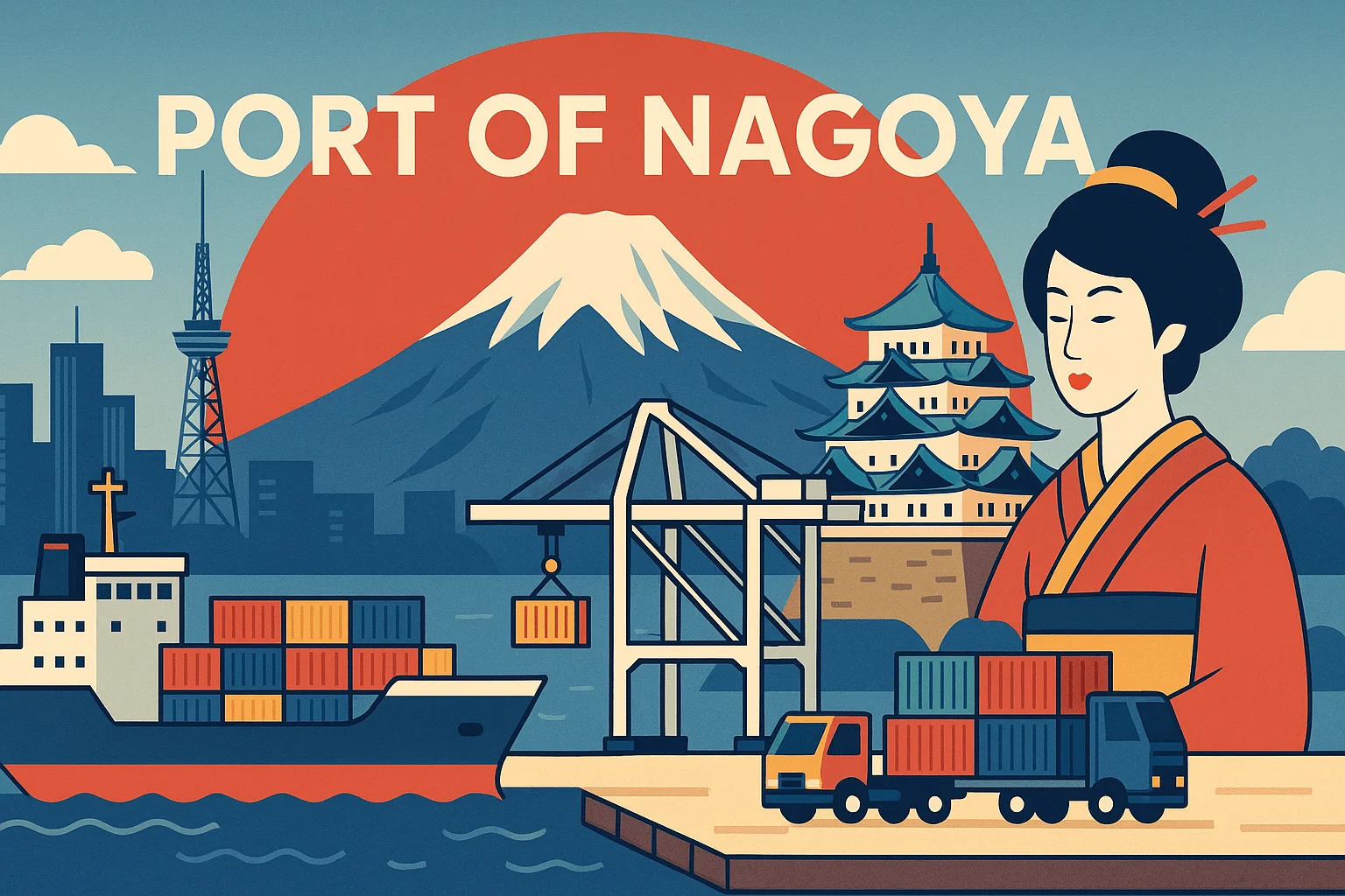 Flat design illustration of the Port of Nagoya with cultural elements and cargo ships - created by DALL-E