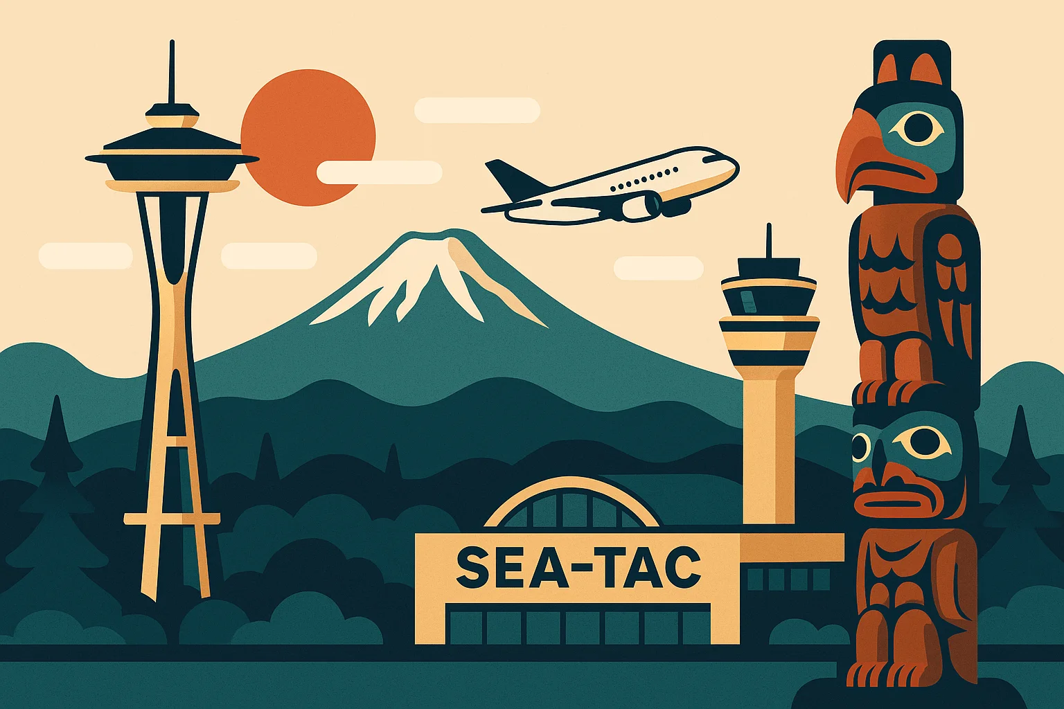 Flat design of SEA-TAC with iconic Seattle landmarks, created by DALL-E