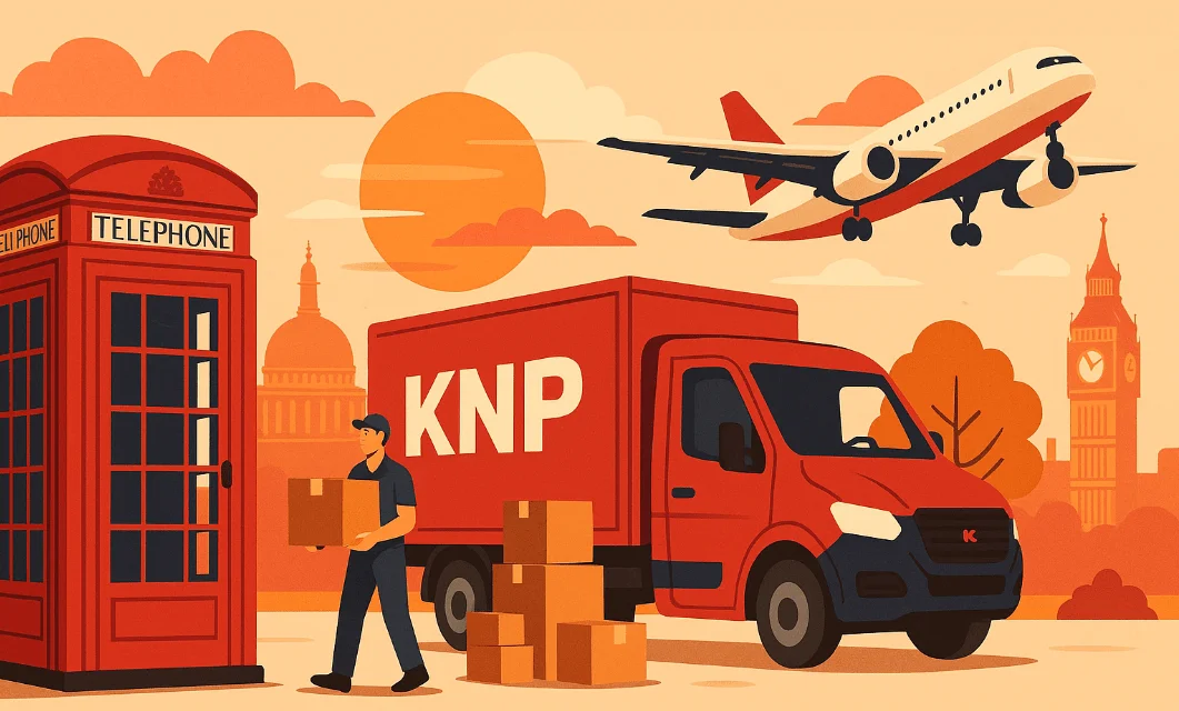 Flat-style logistics scene in Luton with KNP truck, British icons, and sunset - created by DALL-E