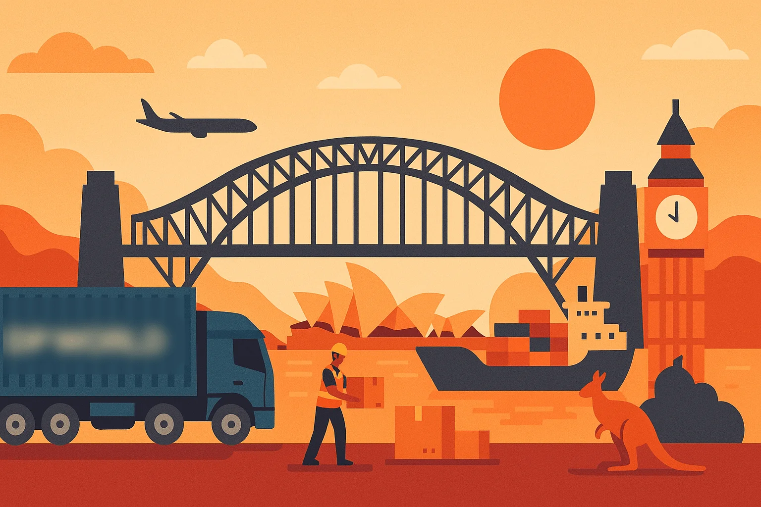 Flat-style illustration of DP World logistics in Australia with a truck, Sydney Opera House, Harbour Bridge, and kangaroo - created by DALL-E