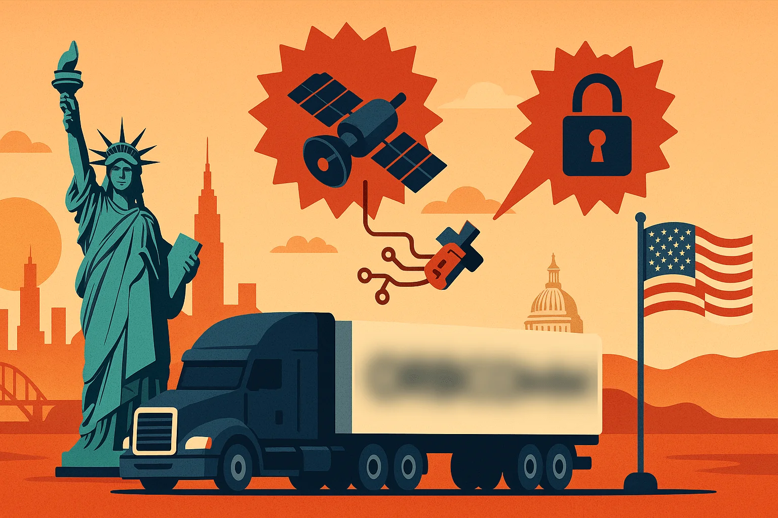 Flat-style illustration of a ransomware attack in the U.S., featuring a hacked satellite, truck, Statue of Liberty, and American landmarks - created by DALL-E