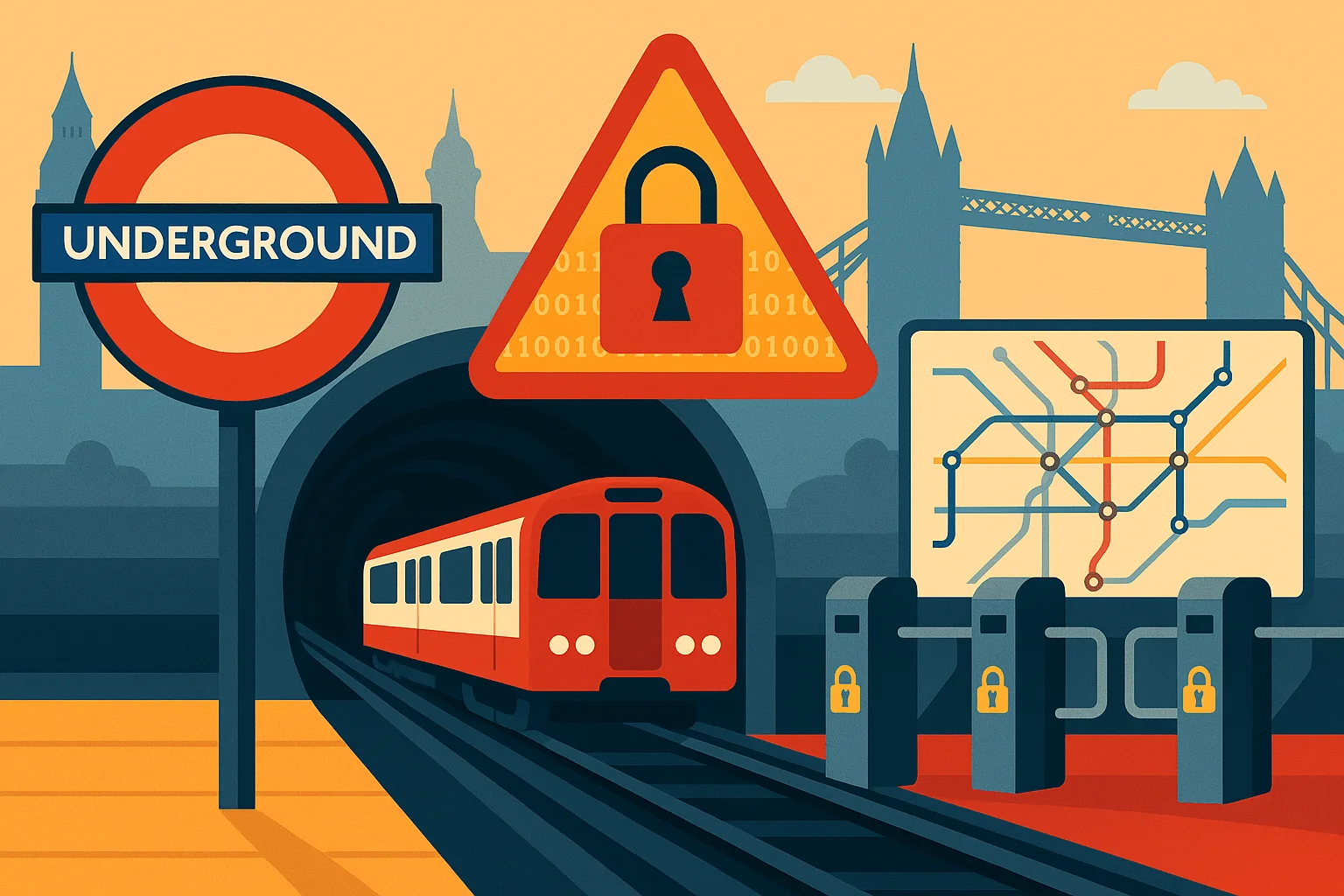 Flat-style illustration of a cybersecurity breach in the London Underground, featuring the Underground logo, a red train, ticket barriers, and a warning sign - created by DALL-E