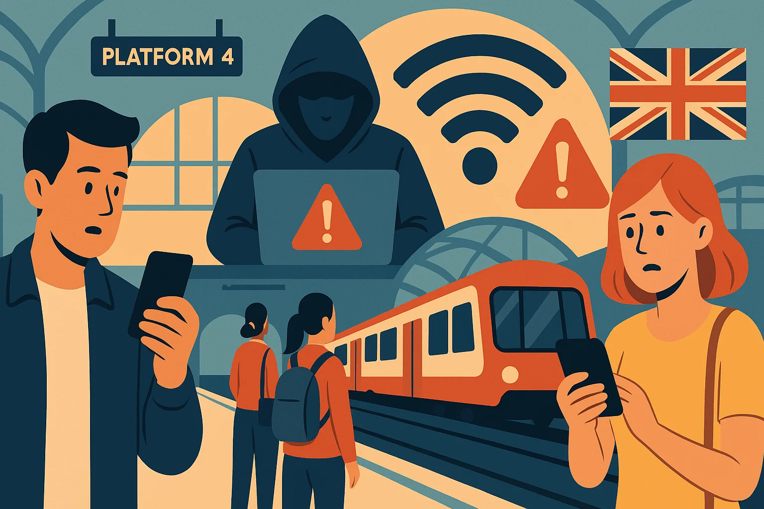 Flat-style illustration of a Wi-Fi cyberattack at a U.K. train station, featuring a hooded hacker, warning symbols, concerned passengers, and a red train - created by DALL-E