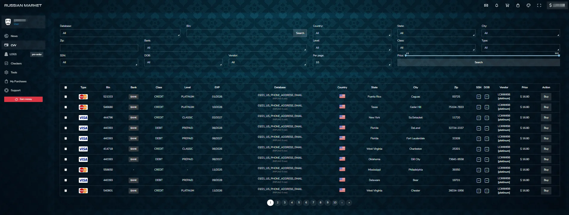 Russian Market’s CVV section features a large selection of credit card data, typically sold in bulk by the same threat actors