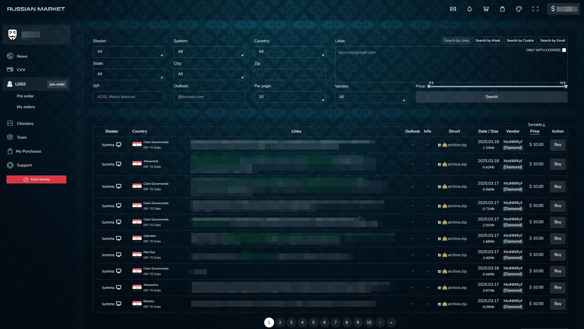 Russian Market’s Logs section