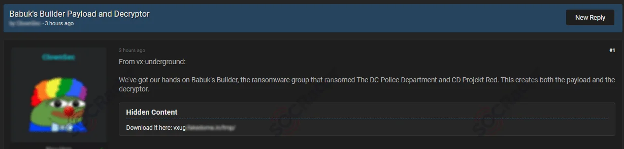 Babuk ransomware builder payload and decryptor leak shared in another hacker forum