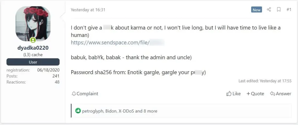 The leak of the source code posted in a Russian hacker forum by allegedly an original developer of the Babuk strain