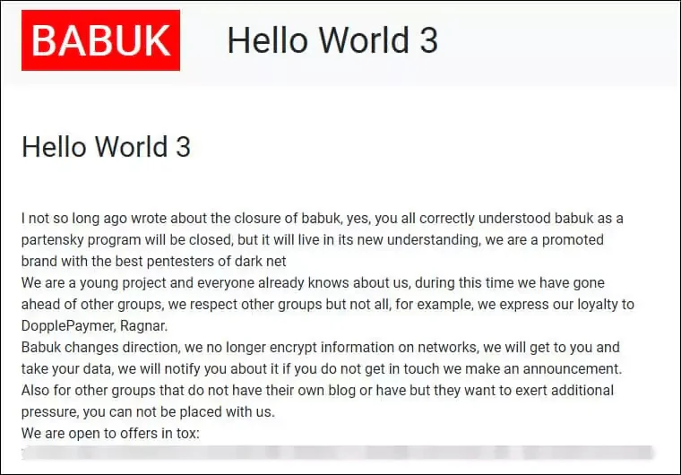 Babuk V2 “Hello World 3” Announcement, May 2021