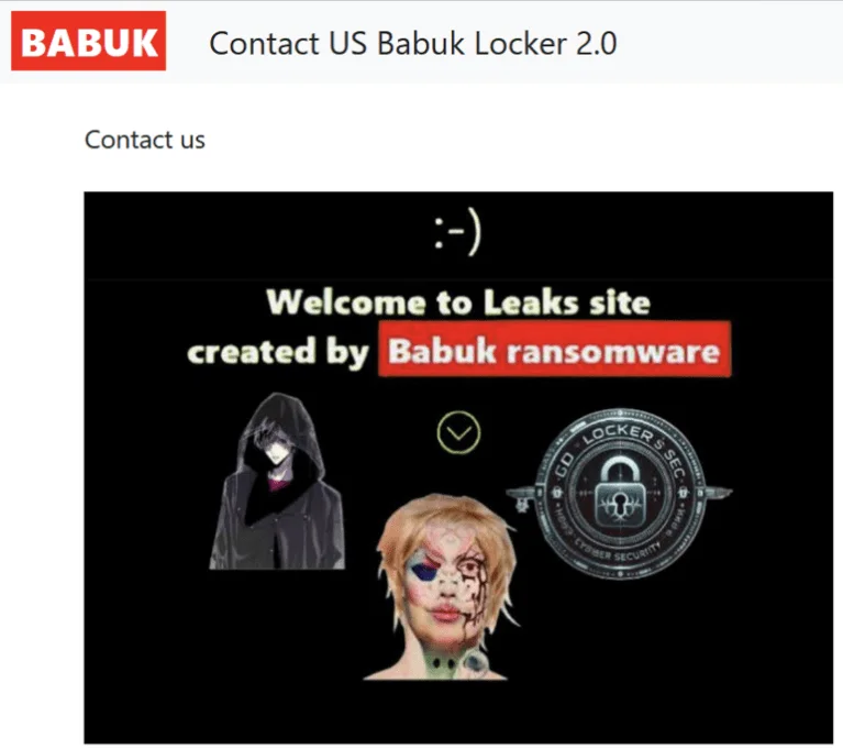 The ‘Contact US’ tab on the DLS of Babuk, showing the logos of Bjorka and Skywave (rapid7)