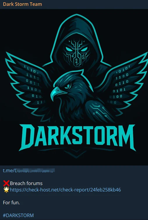 Telegram post of Dark Storm