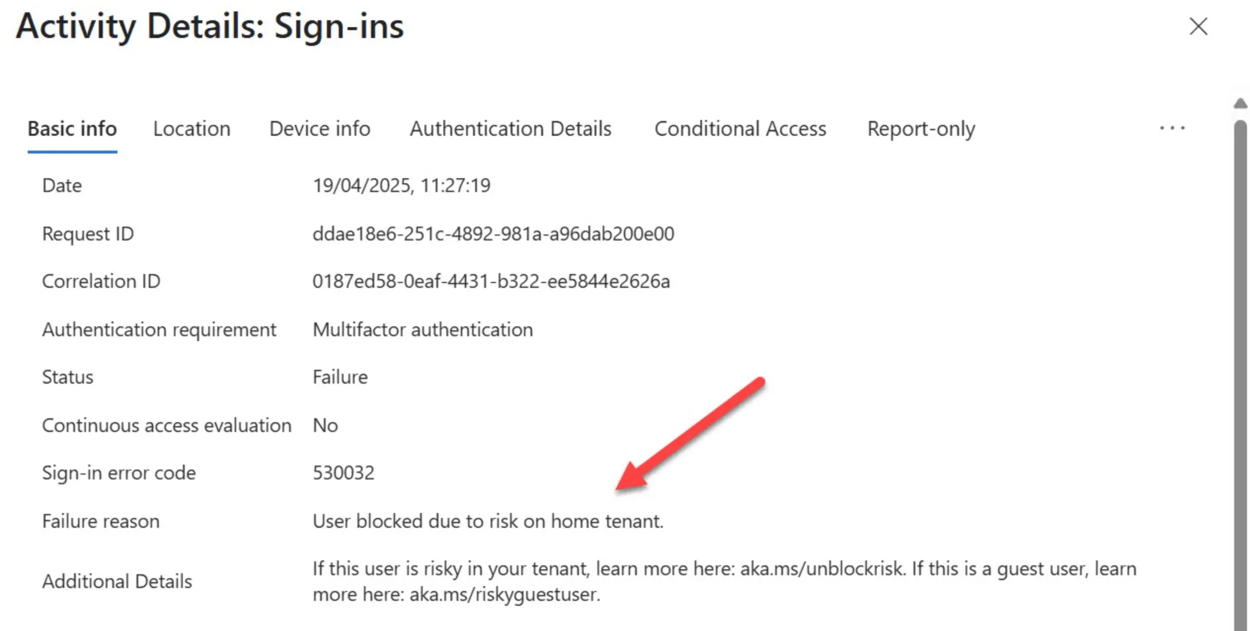 Blocked sign-in event in Entra (Tony Redmond)