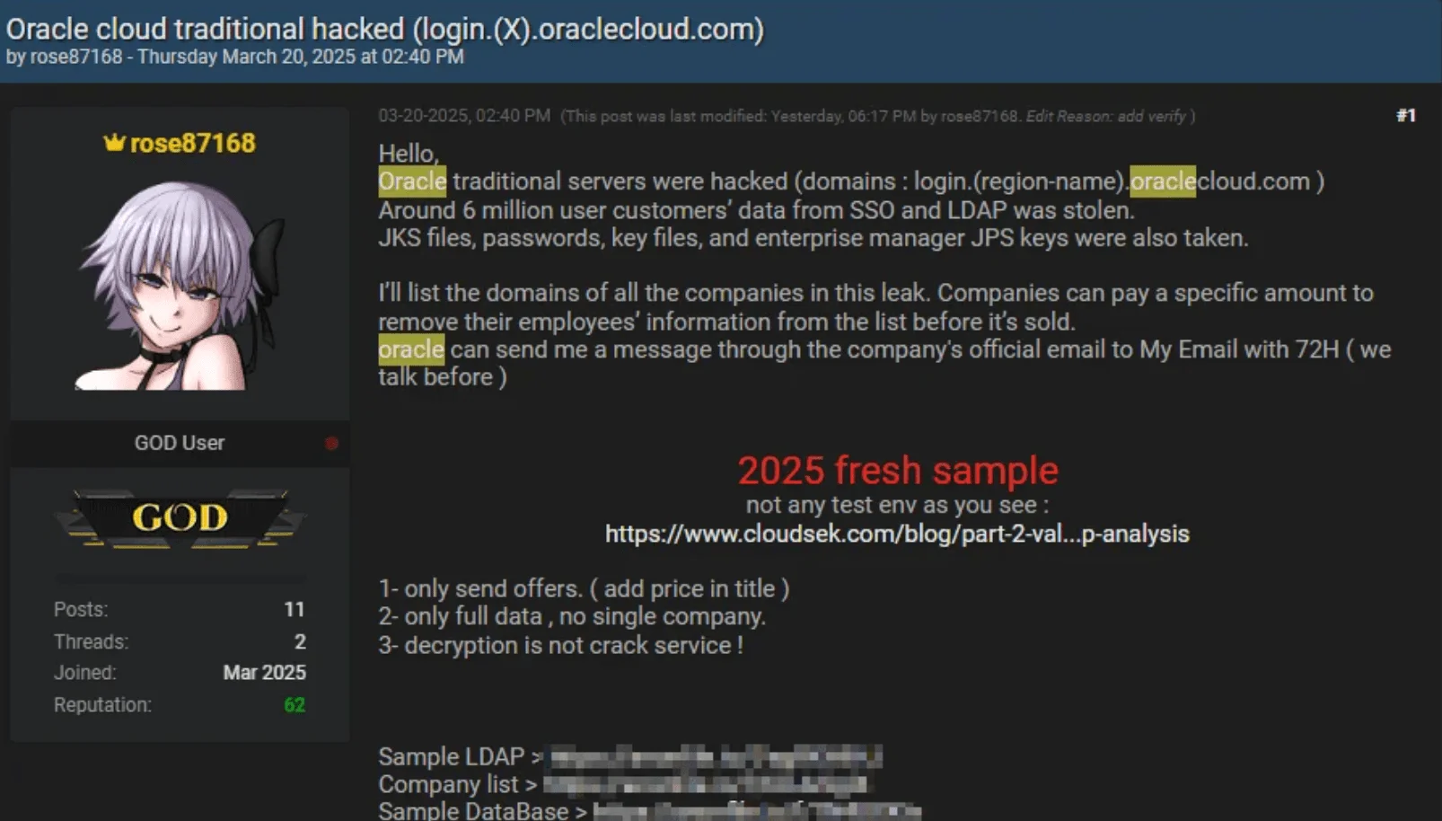 Threat actor claims a breach of Oracle