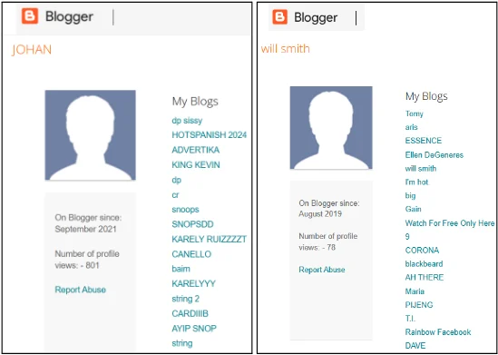 Phishing attackers use multiple profile links to interconnect their fake blogs