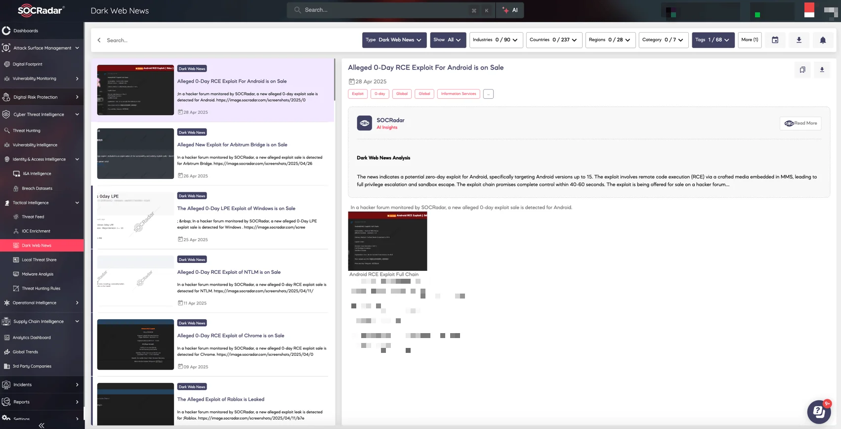 Monitor exploit shares and more with SOCRadar’s Dark Web News