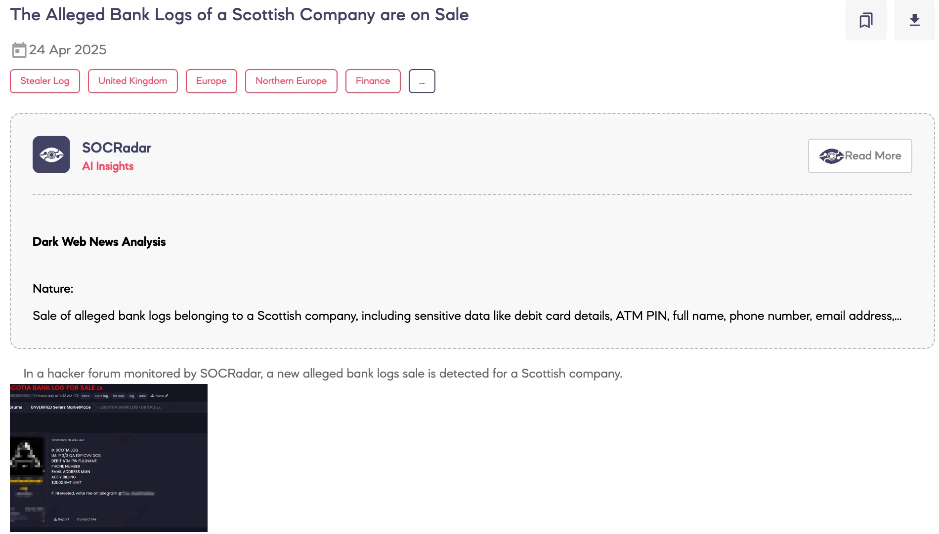 Alleged Bank Logs of a Scottish Company for Sale