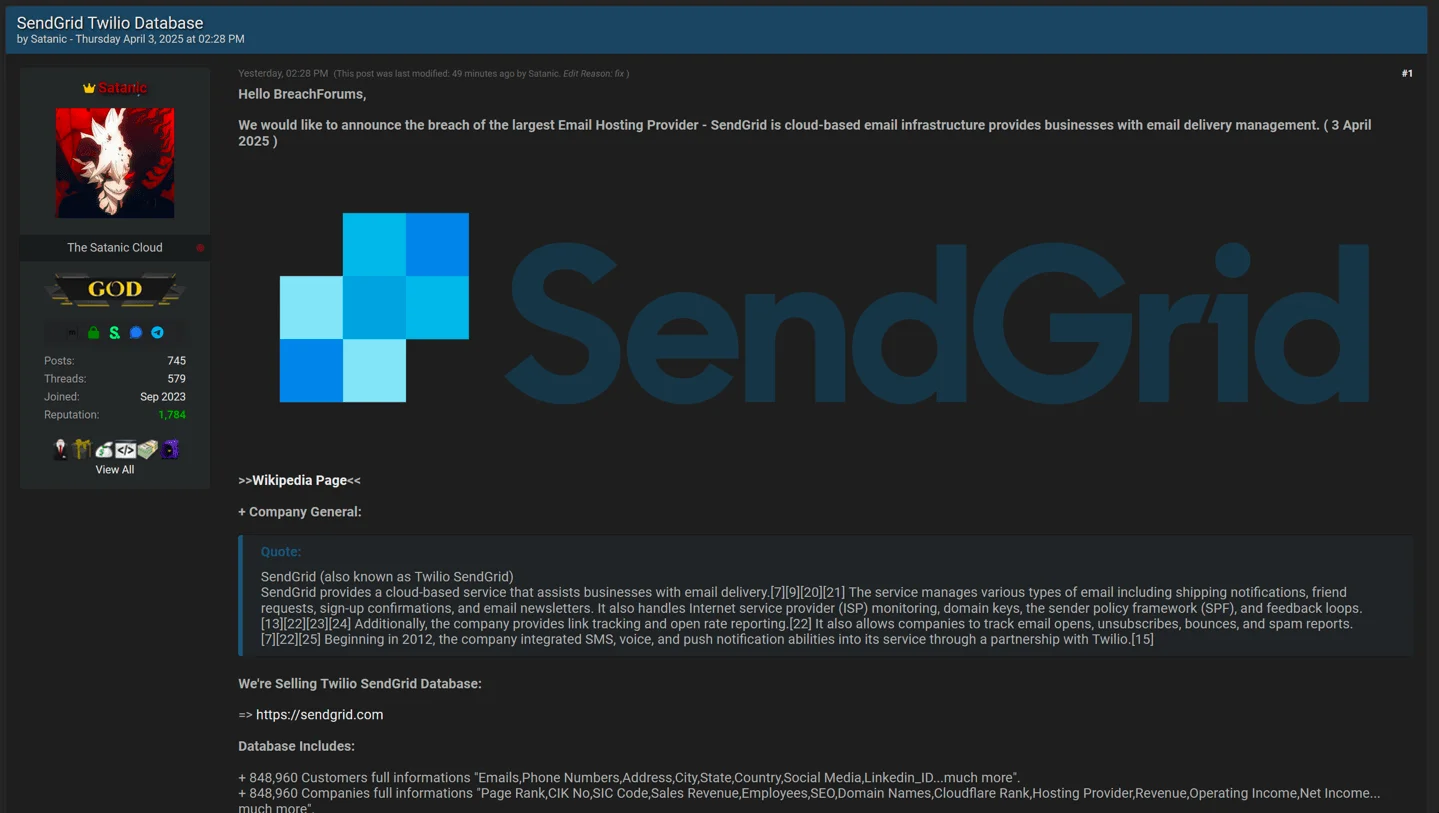 The threat actor claims to have breached SendGrid