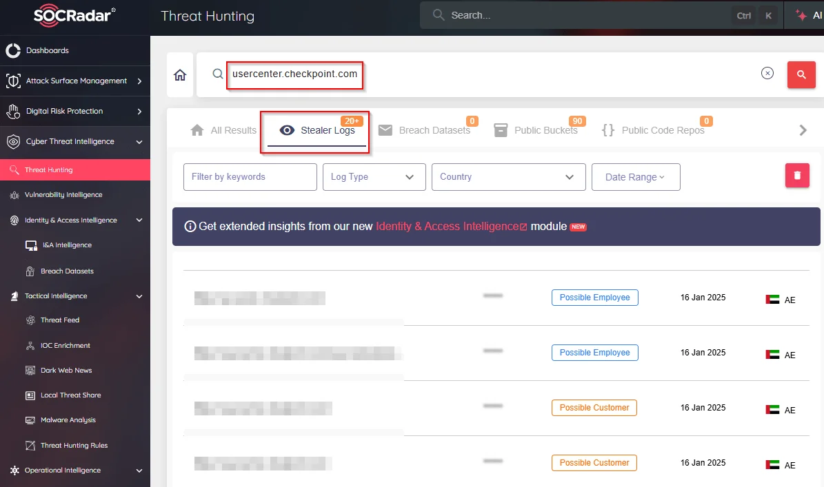 SOCRadar Threat Hunting also showcases Stealer Logs