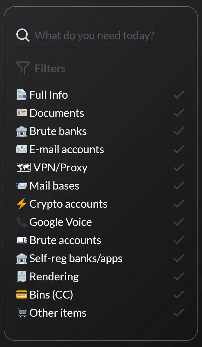 STYX Market filter list showing categories for sale