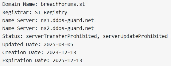 Whois information for BreachForums, the site can’t be accessed, but no seizure banner is apparent