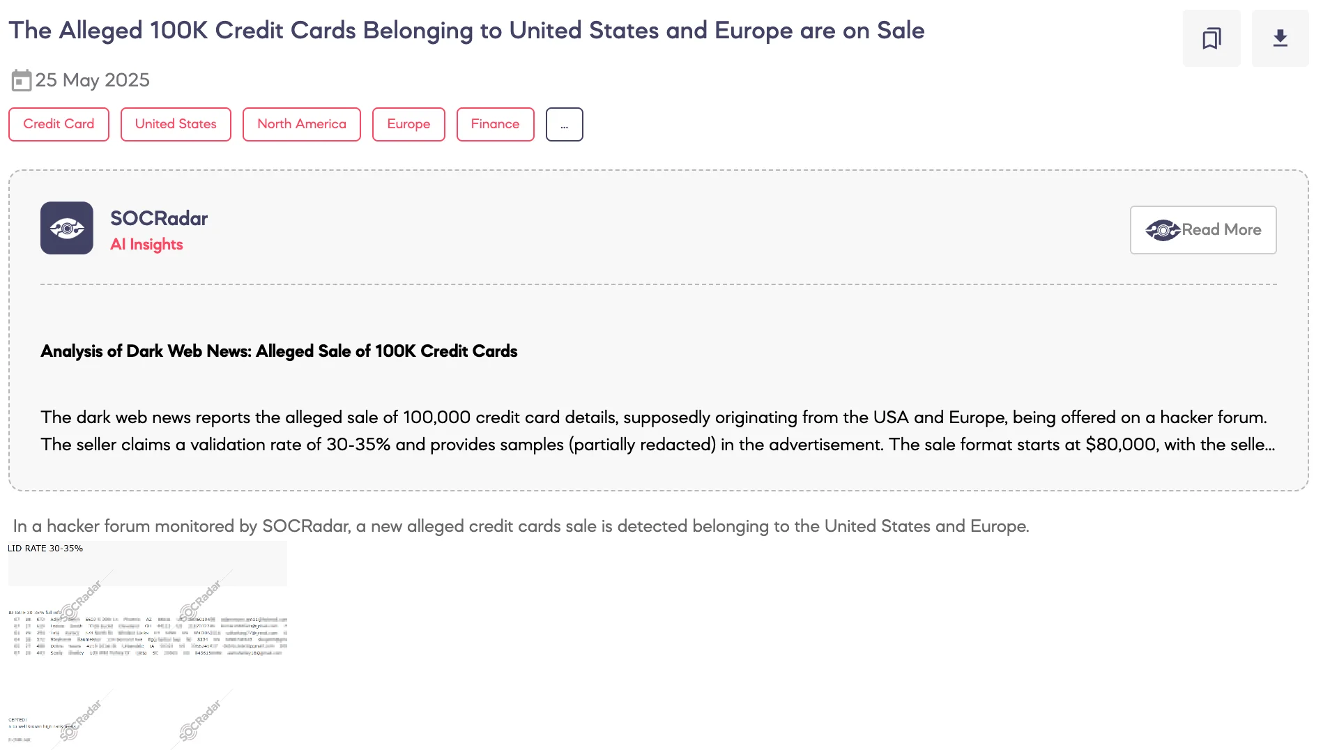Alleged 100K Credit Cards Belonging to United States and Europe are on Sale