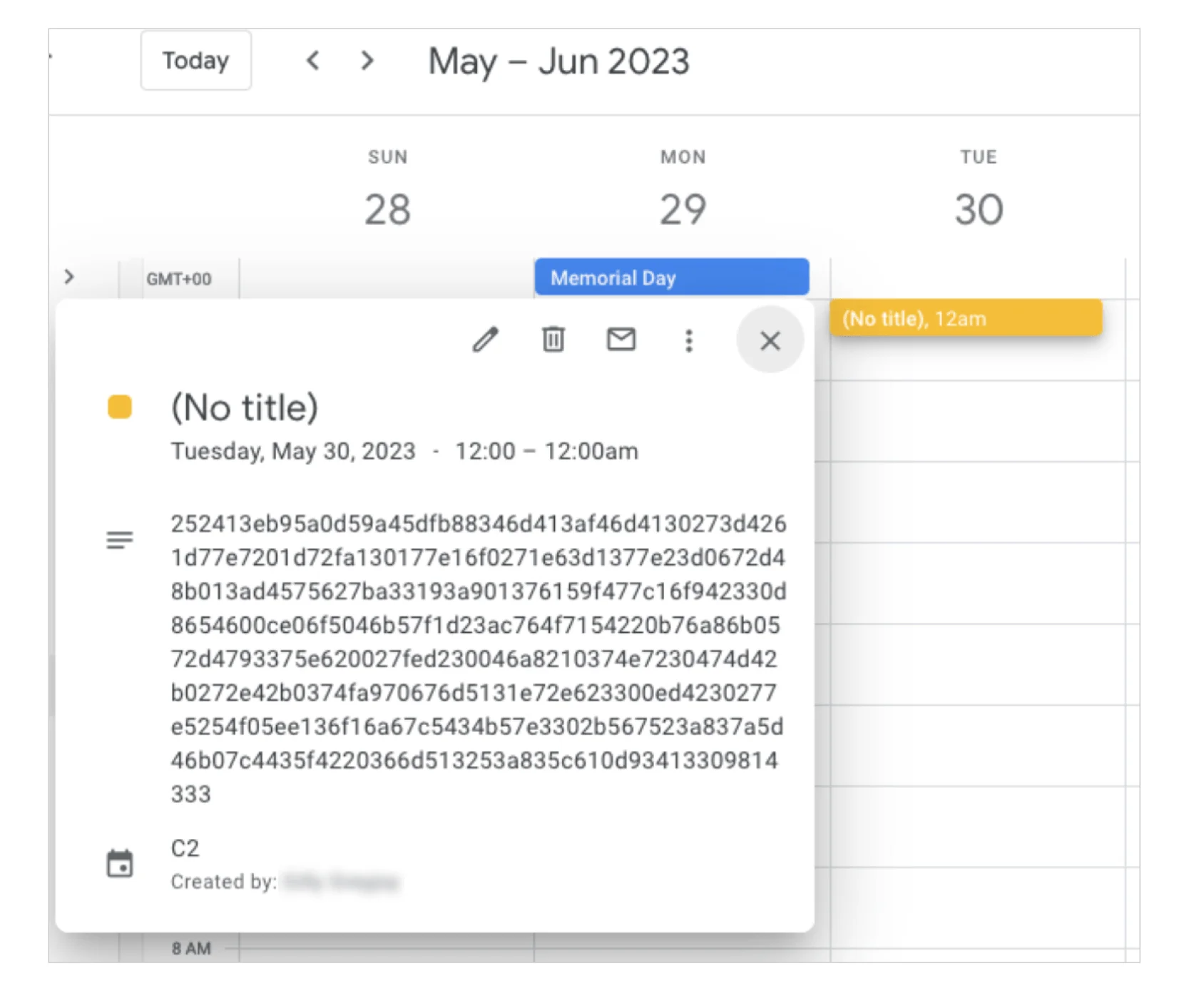 Malicious calendar event created by TOUGHPROGRESS (Google)