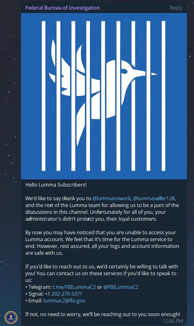 FBI getting access to LummaC2 panel in telegram (source: X)