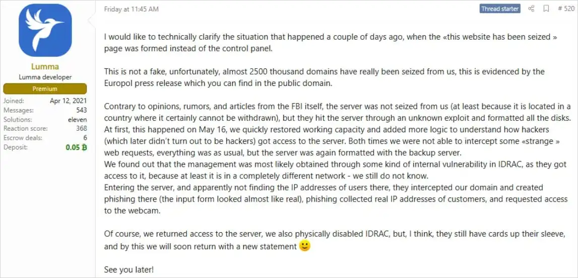Lumma’s developer XSS forum post after the takedown (Source: Trend Micro)