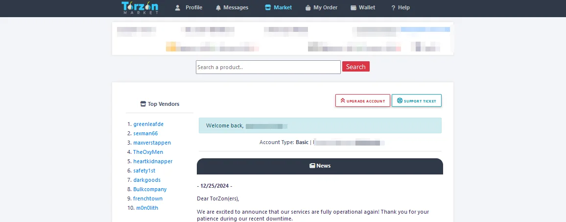 Torzon Market’s home page
