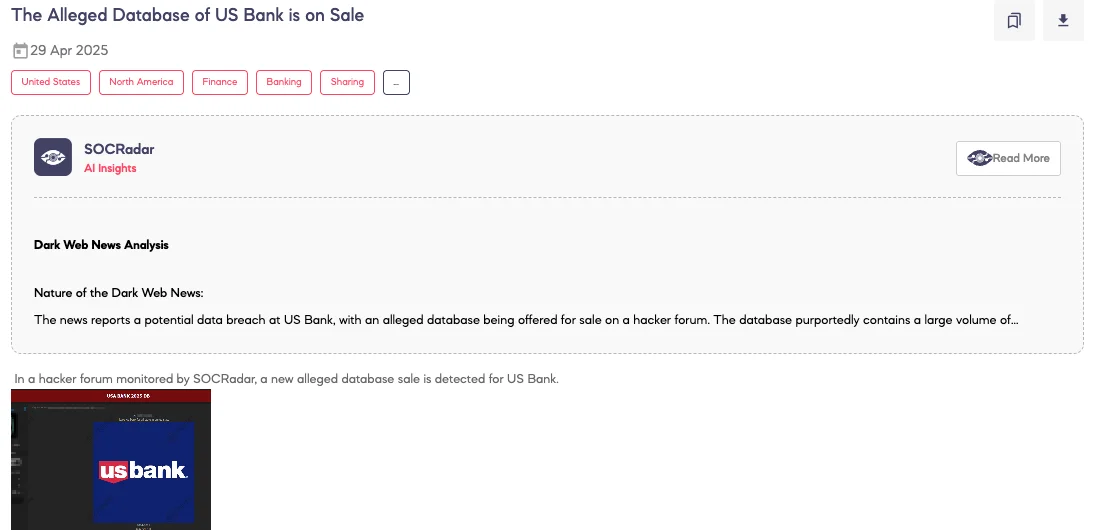 Alleged Database of U.S. Bank is on Sale