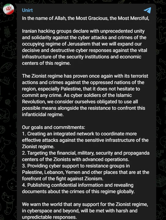 Unirt’s Telegram Post, pro-Iran hacktivist goals and commitments
