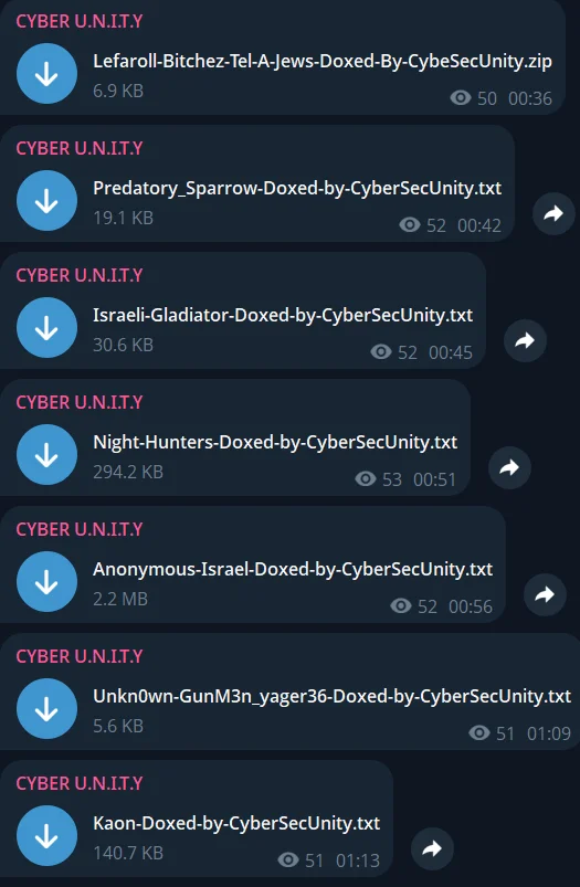 CYBER U.N.I.T.Y’s Telegram post, alleged doxxing txt files