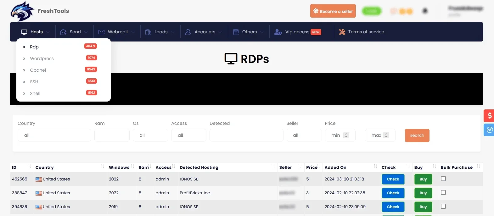 Screenshot of a dark web marketplace offering RDP access listings, with search filters and multiple U.S.-based admin-level systems available for purchase.
