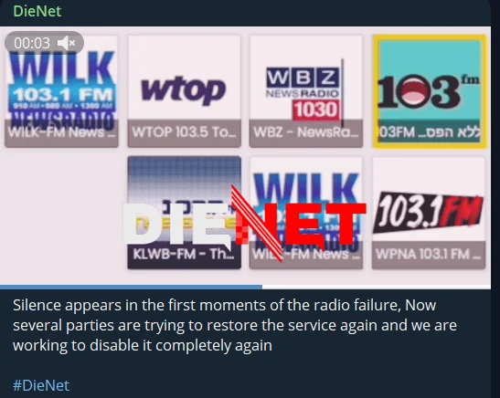 DieNet’s Telegram post, DDoS attacks targeting Israeli radio stations