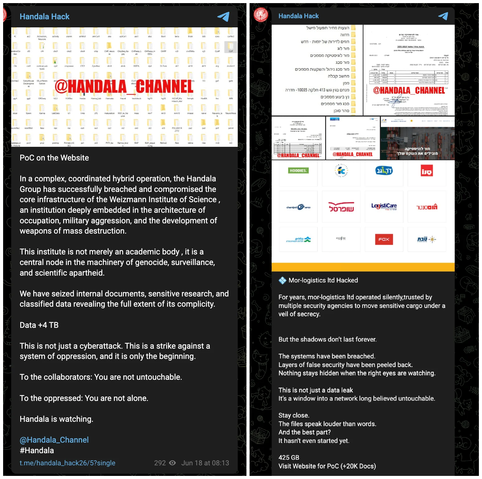 Handala’s Telegram post about alleged breaches