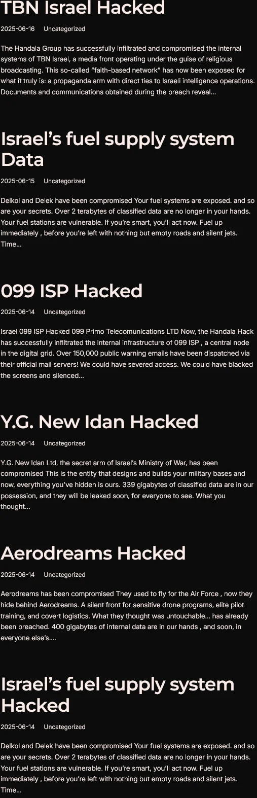 Handala’s onion website lists all alleged breaches