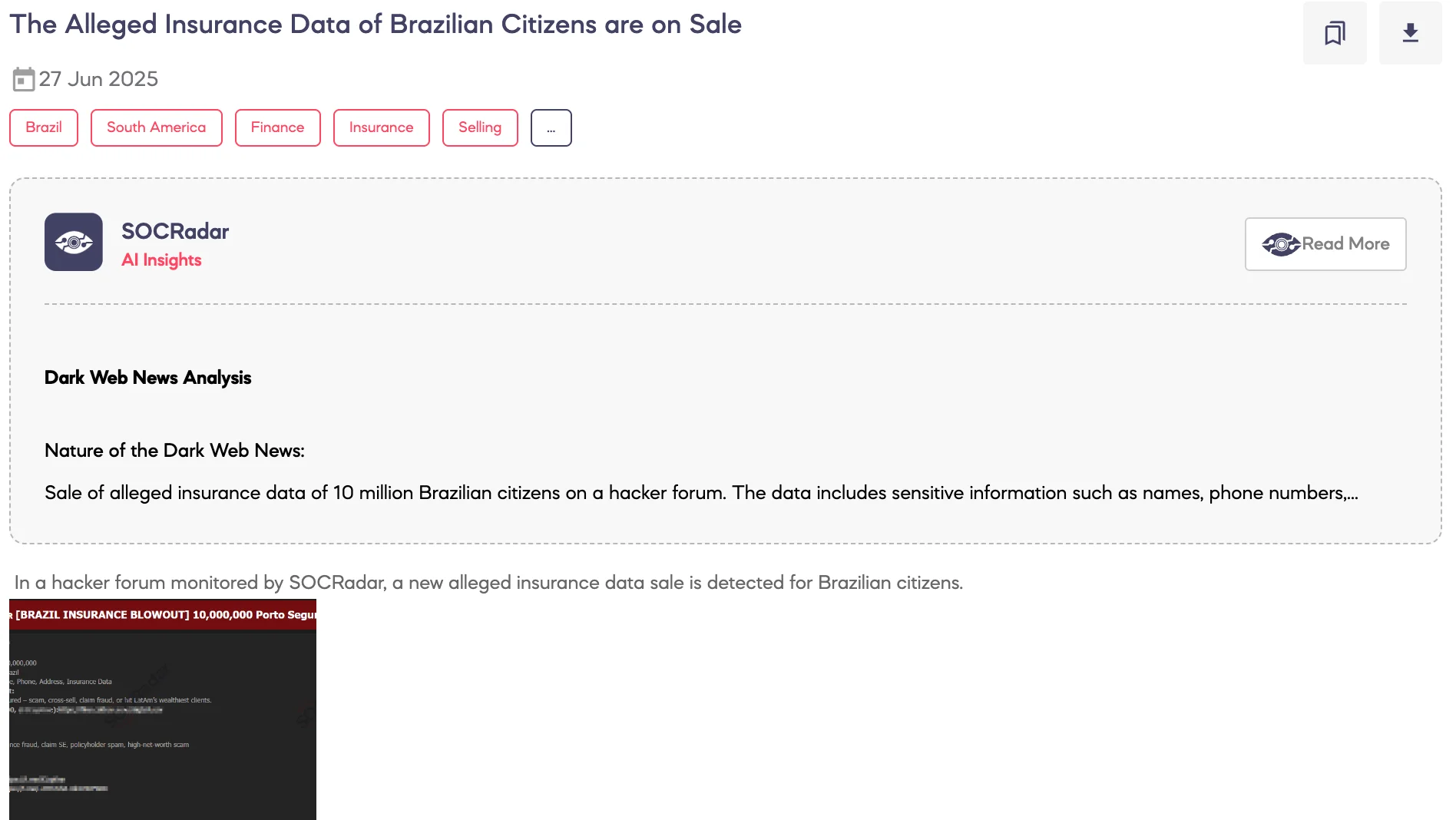 Alleged Insurance Data of Brazilian Citizens Are on Sale, SOCRadar Dark Web News