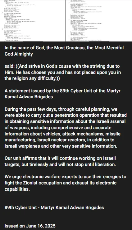 Unit 89 Cyber’s Telegram Post