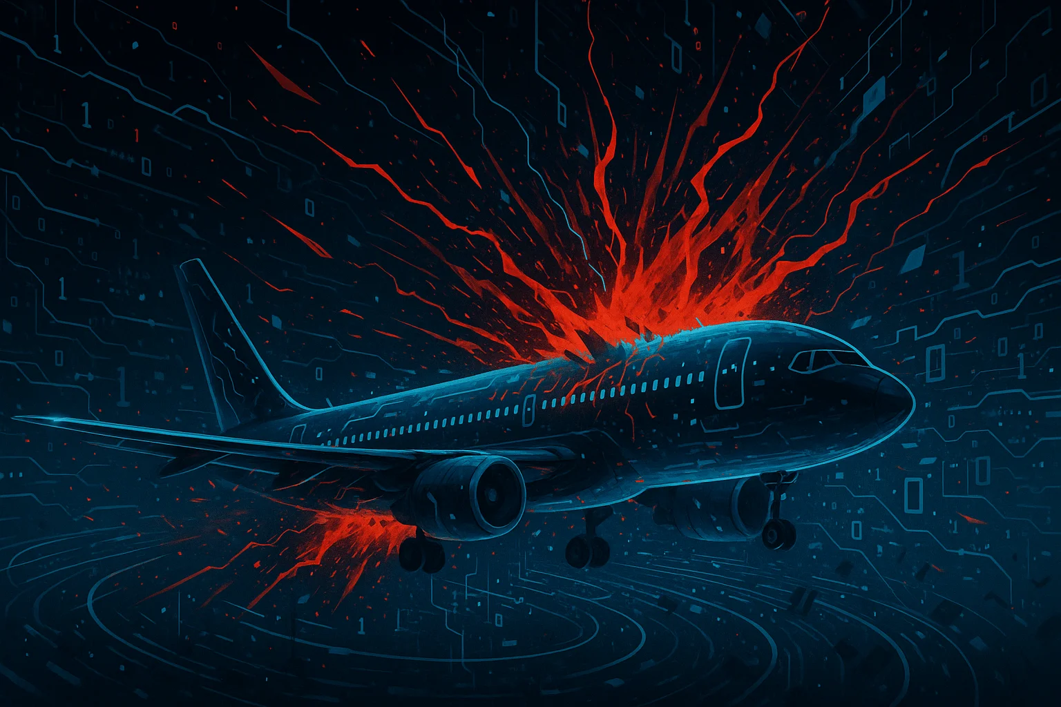 Cyberattack in progress: A commercial plane under siege in a digital battlefield, where technology meets destruction. Illustration created by DALL-E