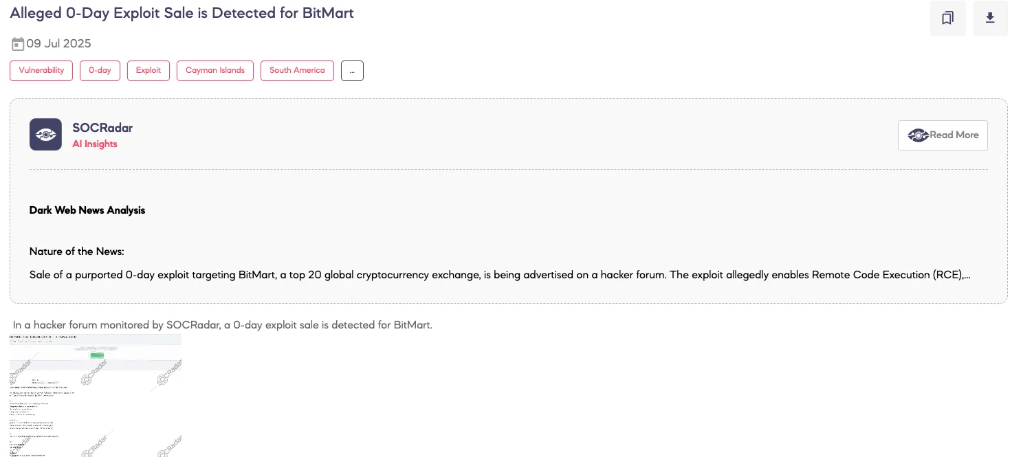 Alleged Database of BitMart is Leaked, BitMart 0-Day Exploit Sale