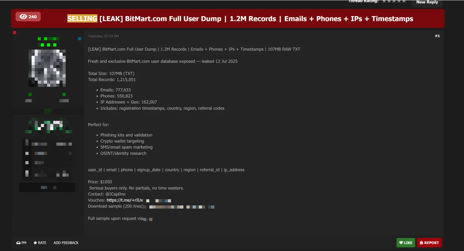 Alleged Database of BitMart is Leaked, BitMart leak