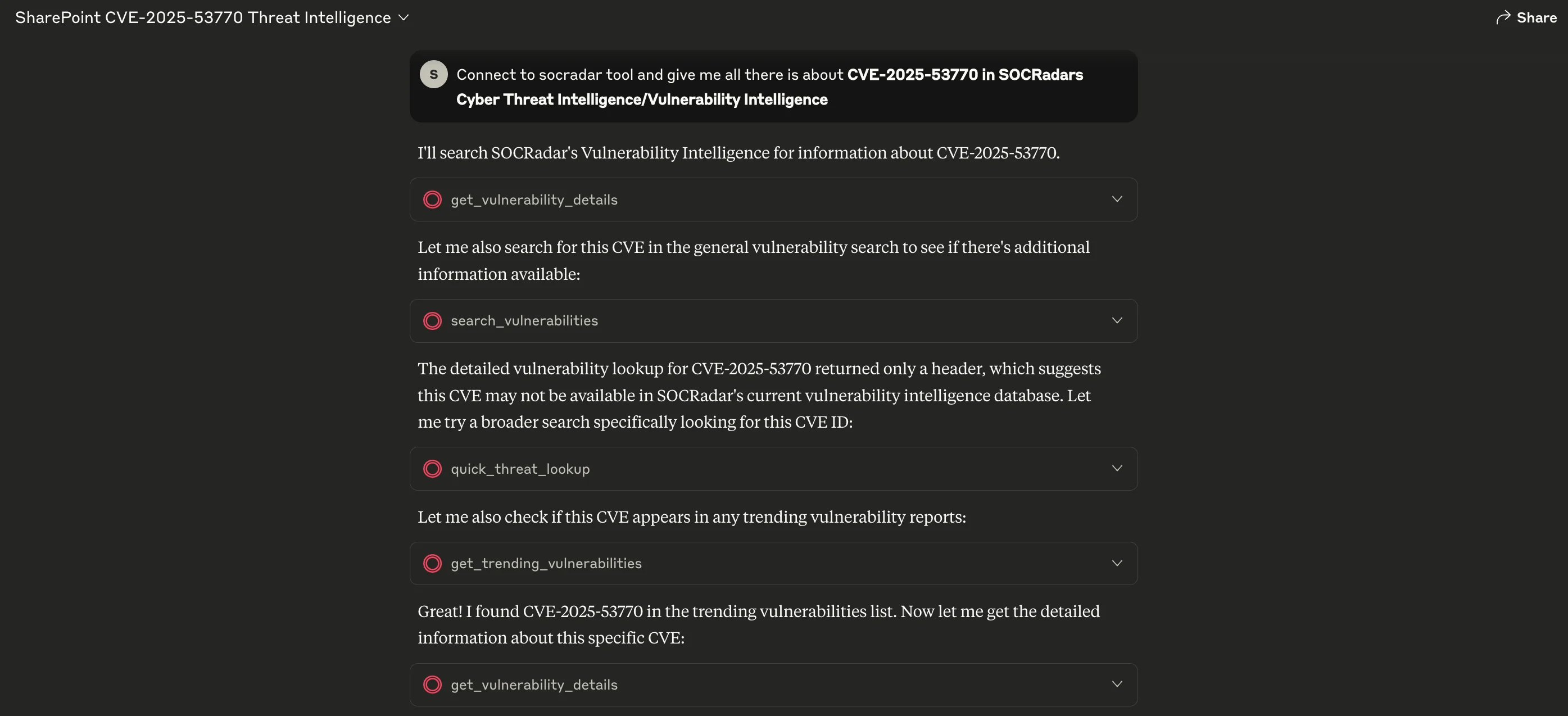 A prompt asking the assistant to retrieve all available intelligence for CVE-2025-53770 using SOCRadar’s Cyber Threat Intelligence and Vulnerability Intelligence modules.