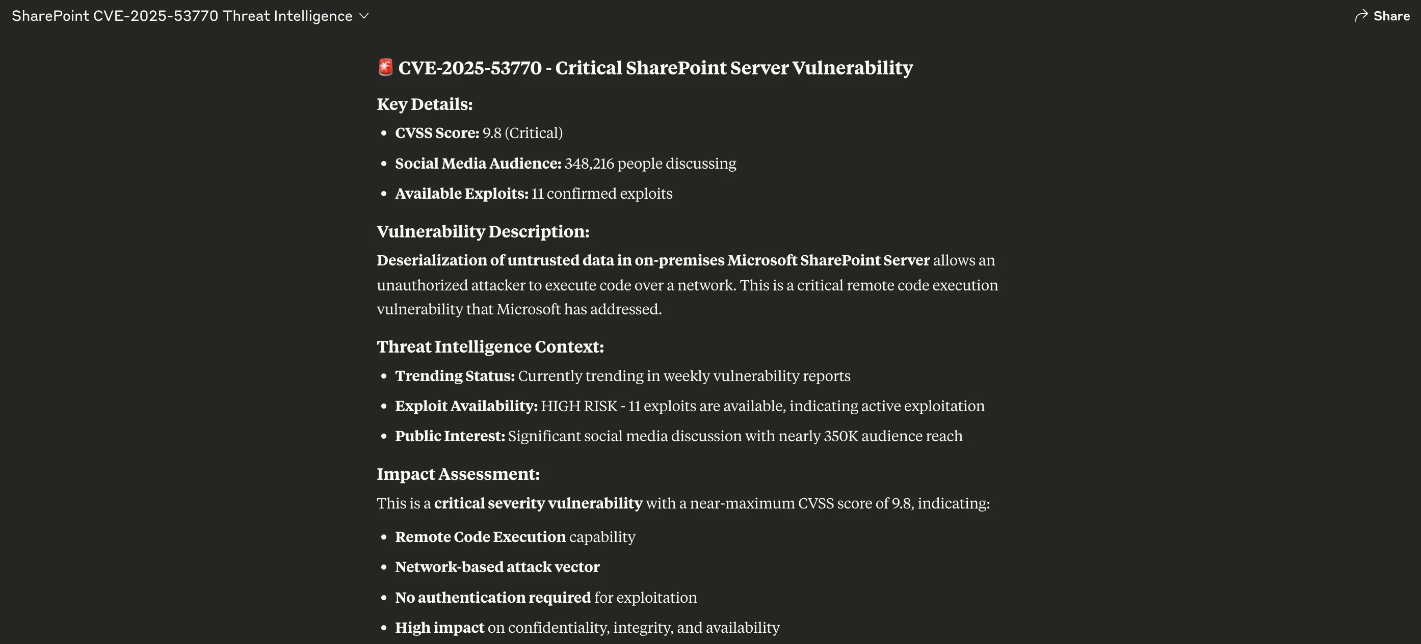 A part of the final result for CVE-2025-53770, showing high CVSS score, number of exploits, public chatter, trending status, and complete vulnerability context.